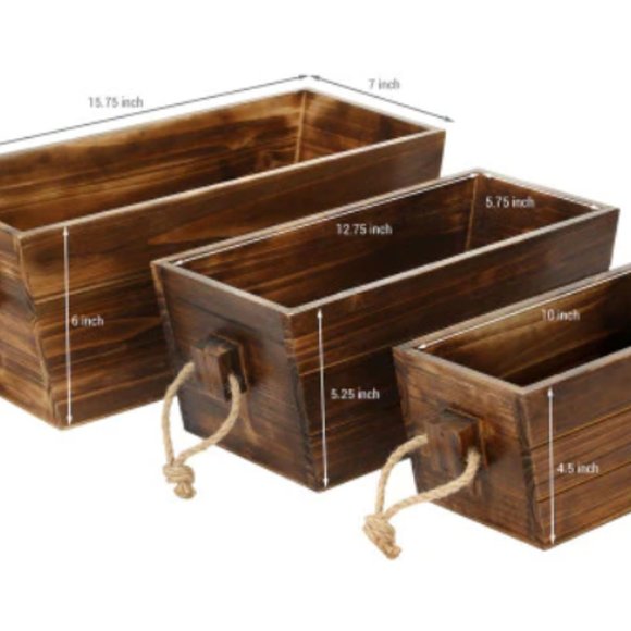 SET OF 3 DRK BROWN WOOD NESTING CRATES/PLANTERS W/ ROPE HANDLES (NEW) - Picture 5 of 5